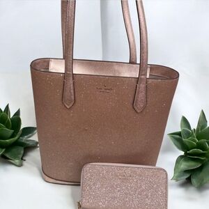 🔹️Kate Spade 🔹️Pink/Rose Gold Glitter Tinsel Tote and Matching large Wallet ✨️